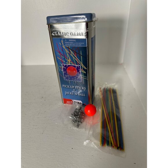 Classic Games Metal Pick Up Sticks & Jacks N Ball Set In Tin Case Ages 6+ By Car - Picture 5 of 5